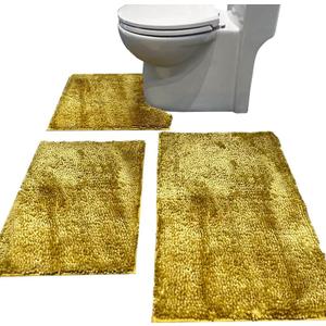Madeals Chenille Bath Rug Set 3 Piece Bathroom Contour Rugs Combo, Soft Shaggy 2 Piece Bath Shower Mat and U-Shaped Toilet Floor Rug Golden