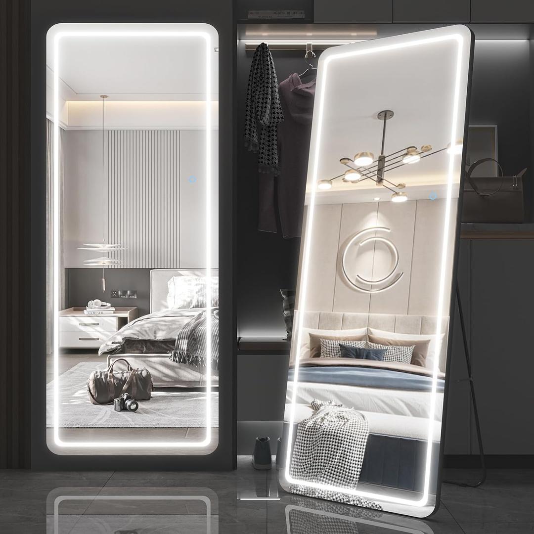 EDTEMI 63"x22" Full Length Floor Mirror LED Whole Body Mirror, Wall Mounted Hanging Mirror with Lights, Makeup Vanity Mirror, Bedroom Full Size Body Mirror with Dimming & 3 Color Modes (Black)