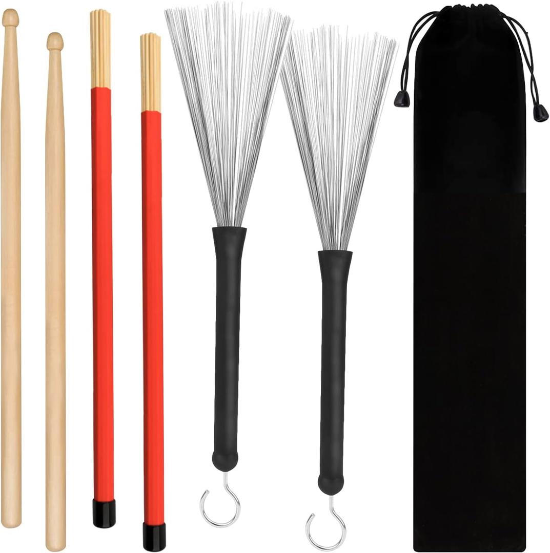Tbrand Drum Sticks 1 Pair 5A Maple Wood Drum Sticks,1 Pair Retractable Drum Wire Brushes and 1 Pair Rods Drum Brushes set for Kids, Adults, Rock Band, Jazz Folk Students with Portable Storage Bag