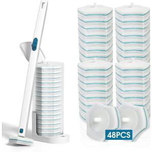 Disposable Toilet Brush with 48 PCS Refills, Disposables Toilets Cleaning System with Handle, Storage Caddy and 48Toilet Bowl Refill Heads for Bathroom Cleaning