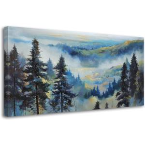 Anolyfi Large Foggy Forest Canvas Wall Art Living Room Landscape Mountain Painting, Blue Pine Tree Scenery for Bedroom Bathroom Kitchen Office Home Decor 40"x20"