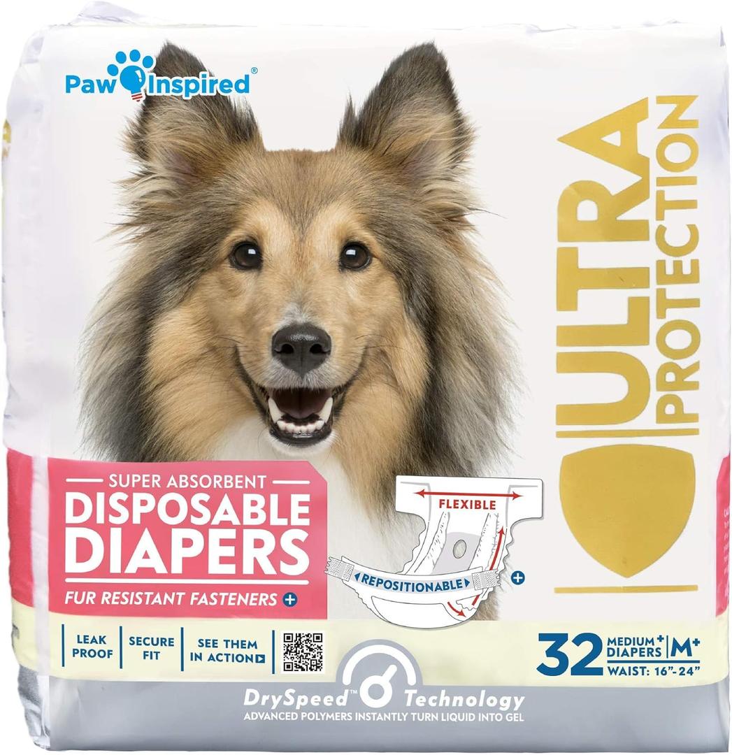 Paw Inspired 32ct Disposable Dog Diapers | Female Dog Diapers Ultra Protection | Diapers for Dogs in Heat, Excitable Urination, or Incontinence (Medium Plus) (Medium+ (32 Count))