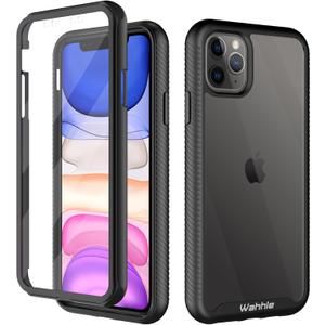 wahhle Compatible with iPhone 11 Pro Max Case, Built in Screen Protector Full Body Shockproof Slim Fit Bumper Protective Phone Cover 6.5'' Men Women-Black/Clear