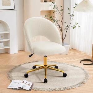 Furniliving Vanity Accent Chair, Modern Cute Round Desk Chairs with Wheels Adjustment Height Swivel Chair Upholstered Sherpa Gold Metal Base for Makeup Living Room Bedroom,White