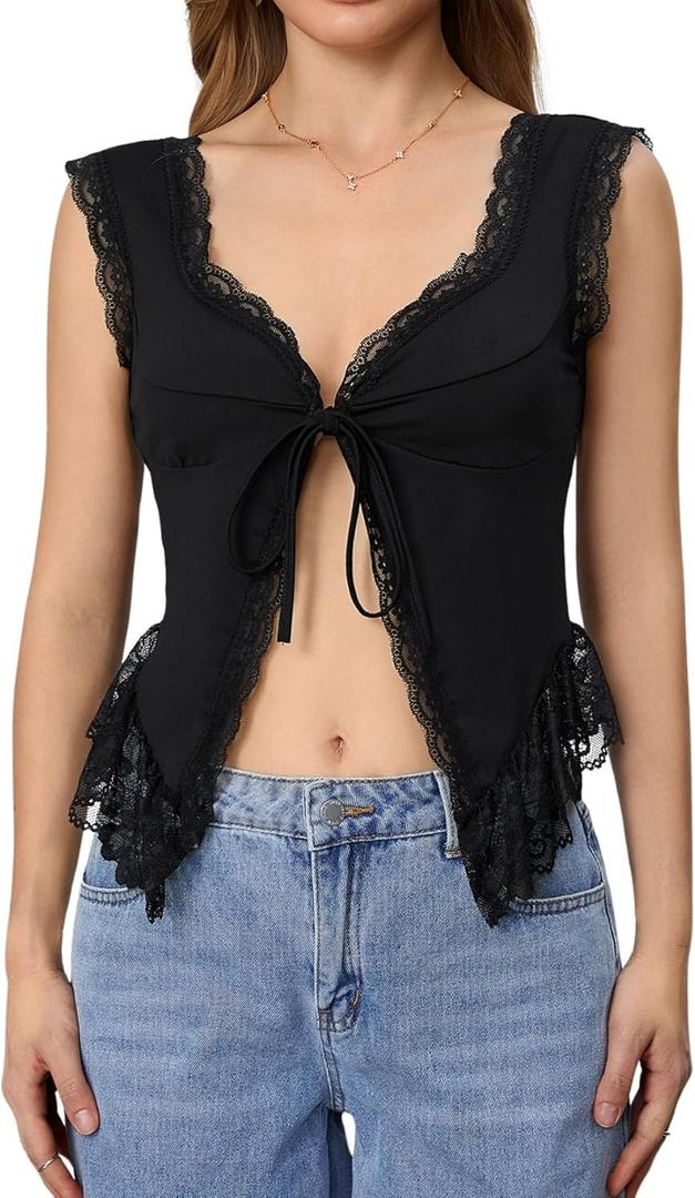 Milumia Women's Lace Trim Open Tie Front Tops Y2k Sleeveless Deep V Neck Going Out Tops (All Black)