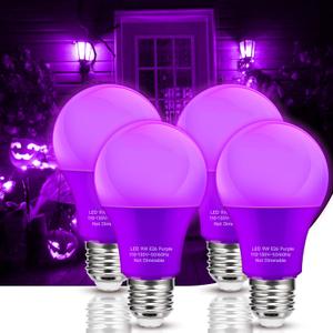 Nouscan Purple LED Light Bulbs, 9W Equivalent 60W, E26 Medium Base A19 Decorative Purple Colored Light Bulbs for Christmas, Halloween, Valentine's Day, Carnival Party Bars, Non-Dim, 4 Pack