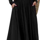 Mieazom Womens Long Sleeve Square Neck Maxi Dress Adjustable Waist Tie Casual Flowy A-Line Pleated Dresses with Pockets, Black, XL