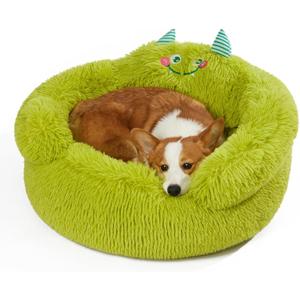 Jiupety Cute Calming Dog and Cat Bed, Anti-Anxiety Donut for Small Pets, Cozy Soft Pet Round Cuddler Bed with Non-Slip Bottom, L(27"27"14"), Green