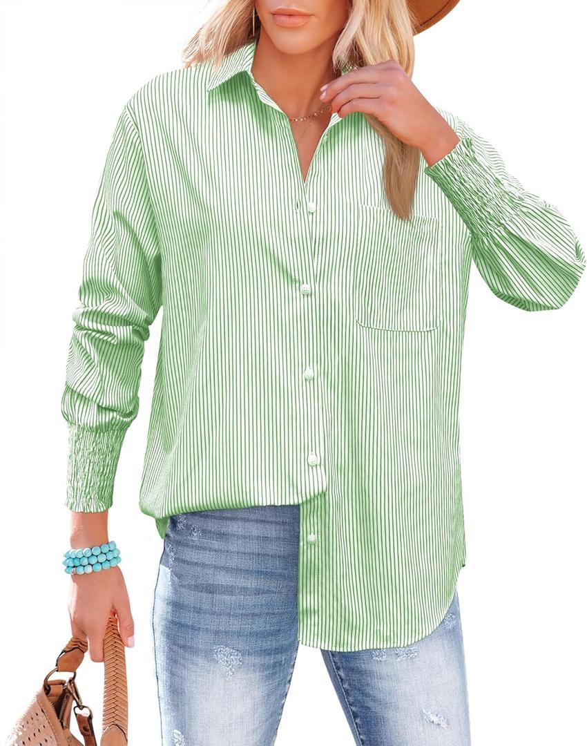 OMSJ Womens Striped Button Down Shirts Smocked Cuffed Sleeve Stylish Collared Office Work Blouses with Pocket (XL)