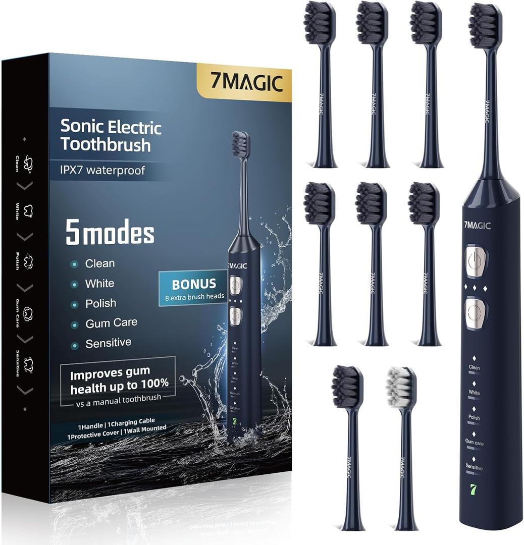7MAGIC Sonic Electric Toothbrush for Adults and Kids  Up to 180 Days Runtime, 42000 VPM Powered Toothbrush, 5 Modes & 3 Intensities for Sensitive Teeth & Braces, Includes 8 Brush Heads, Navy Blue