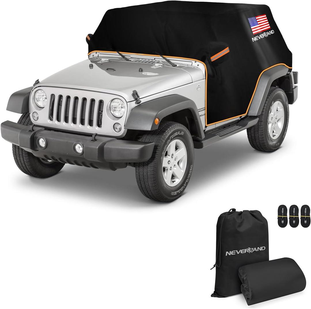 Wrangler Cab Cover for 2007-2025 Jeep Wrangler JK JKU JL JLU 4 Door,NEVERLAND Half Car Cover Waterproof Oxford with Reflective Strip,Sun Snowproof Cab Car Cover Black