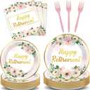96Pcs Flower Retirement Party Decorations for Women White Peony Happy Retirement Plates Tableware Pink Gold Floral Retirement Dinnerware Napkin for Goodbye Going Away Farewell Party Supplies 24 Guests
