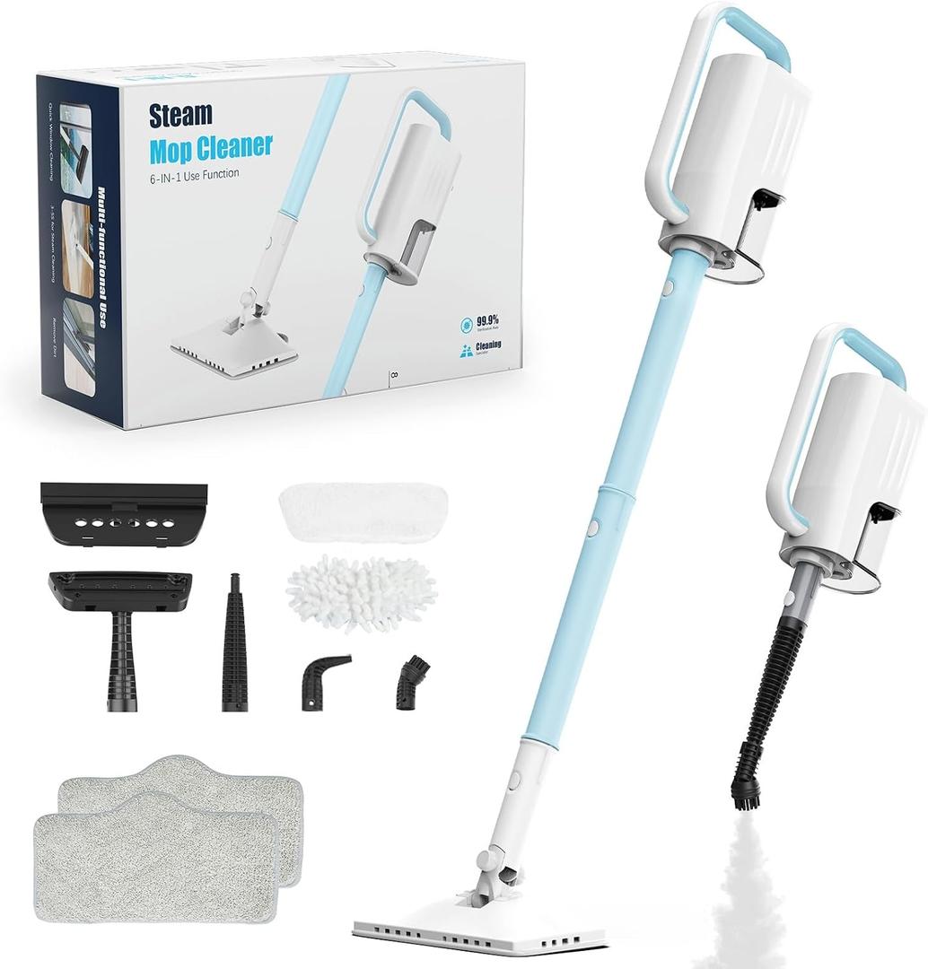Steam Cleaner, 6 in1 Rotated Steam Mop Cleaner with 2 Modes, 2 Microfiber Pads, 400ML Removable Tank, 23FT Power Cable, Detachable Steam Mops for Floor, Laminate Floor, Tiles Cleaning (Ice Blue)