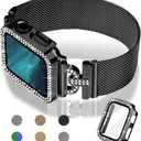 JOYOZY Magnetic Band Compatible with Apple Watch Band 38mm 40mm 41mm 42mm 44mm 45mm 46mm Milanese Strap with Bling Glitter Case Built-in Screen Protector Dressy Stainless Steel iWatch Loop for Women (46MM for Series 10/11, Black)