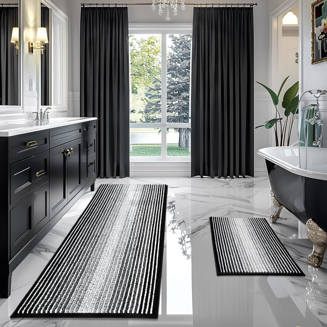 Bathroom Rugs and Mats Sets, 2 Piece Thick Absorbent Chenille Bath Mat Rug Set Non Slip, Soft Shaggy Bath Room Floor Mats for Bathroom, Machine Washable (Black, 24" x 70" Plus 20" x 32")