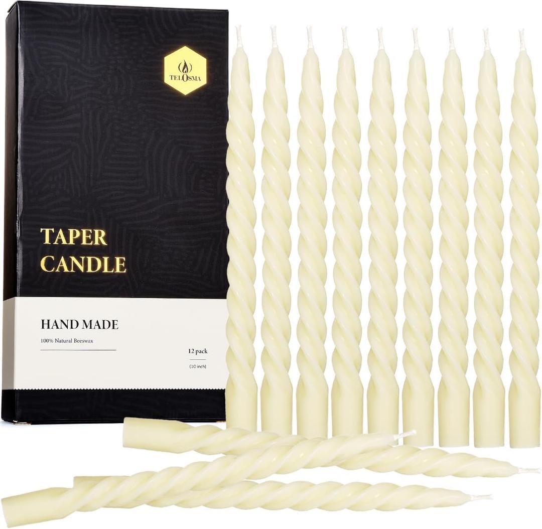 12 PCS Natural Beeswax Spiral Taper Candles Bulk - Organic Dripless Long Candle Sticks for Dinner Wedding Party Christmas Home Decorations - 10 Inch Tall - Off White