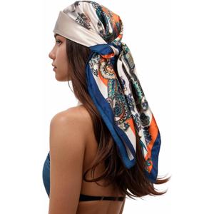 RIIQIICHY Head Scarf for Women Like Silk Scarf Hair Scarf Printed Square Scarf Bandanas for Women 35 Inches (Beige/Orange/Navy)