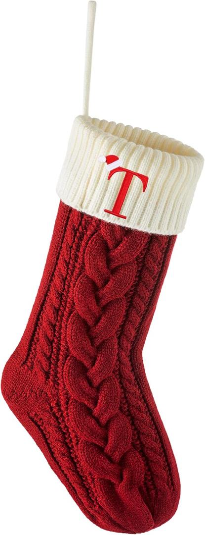 Edoneery Personalized Christmas Stockings with Initials, 18 Inches Xmas Embroidered Monogrammed Cable Knitted Stocking for Family, Holiday Hanging Decoration Gifts for Fireplace(Red and White T)