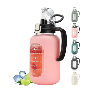 [WINSA] 64 oz Glass Water Bottle with Lid and Handle Half Gallon Water Bottle with Time Marker Large Water Bottle with Silicone Sleeve for Coffee, Juice Homemade Beverages Hydration Tumbler Waterbottle