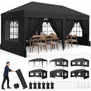 Driftalia 10x20 Pop up Canopy Tent with 6 Sidewalls, Outdoor Canopy with Windows & Roller Bag, Party Tent for Commercial Events, Weddings, Camping - Black