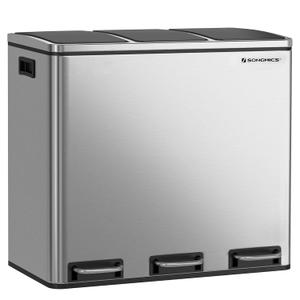 SONGMICS Garbage Can, 3 x 4.8 Gallon (3 x 18 L) Trash Can, Recycle Bin with Soft-Close Lids, Pedals, and Inner Buckets for Kitchen, Stainless Steel, Silver and Black ULTB54NL