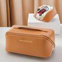 Custom Logo PU Leather Waterproof Cosmetic Bag Pouch Skincare Cosmetic Partition Storage Travel Toiletry Bag Makeup Bag, Brown - Pack of 3