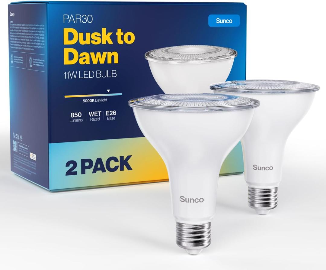 Sunco 2 Pack PAR30 LED Dusk to Dawn Light Bulbs, 850 Lumens, 11W, 5000K Daylight, Non-Dimmable, E26, Wet Rated Outdoor Flood Light Bulb with Photocell Sensor, for Porch, Patio, Backyard, UL