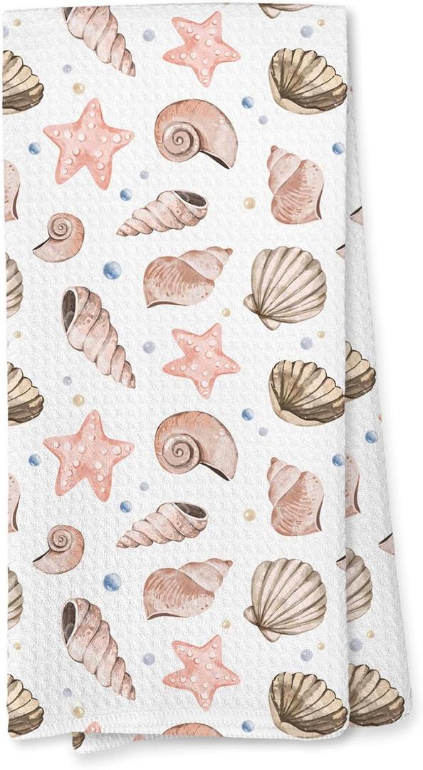 Giosve Pink Preppy Beach Kitchen Towels, Coastal Pink Starfish Seashell Beachy Hand Towels for Bathroom, Preppy Beach Decor Dish Tea Towels for Kitchen, Coastal Bathroom Decor, 16x24 Inch