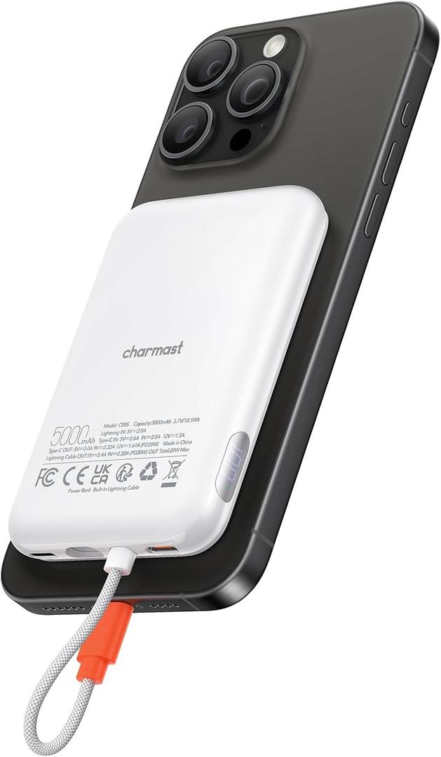 charmast Slim Portable Charger, 5000mAh Fast Charging Power Bank Built in for iPhone Cable, Digital Display Battery Pack Compatible with iPhone 14/14 Pro Max/13/13 Pro Max/12/11/XR/X (No-Wireless)