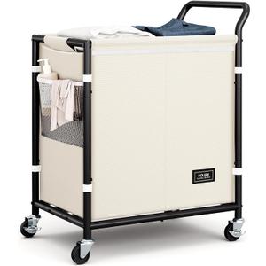 SOLEDI Laundry Basket with Wheels,38 Gallons(145L) Laundry Hamper 2 Section,Sturdy Metal Frame with Handle,Laundry Cart,Rolling Laundry Basket for Bedroom Aesthetic,Easy to Assemble,Ivory