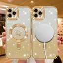 NITITOP Compatible with iPhone 11 Pro Max Case Cute Clear Glitter [Compatible for MagSafe] Plating Heart Sparkle Bling Magnetic Girl Women Electroplated Frame Camera Protection Back Cover - Gold