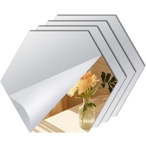 Abyssaly Hexagon Mirror Stickers for Walls 4 Pack 11.8''x11.8'' Self Adhesive Flexible Acrylic Wall Mirrors Decorative Peel and Stick Mirror Tiles 2mm Thick Stick on Mirrors for Wall Door Locker