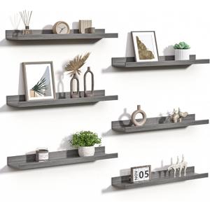 Upsimples Floating Shelves for Wall, 23.6 Inch Shelves for Decor Storage Set of 6, Wall Mounted Wood Shelf for Bedroom, Living Room, Bathroom, Kitchen, Long Picture Ledge Shelves, Grey