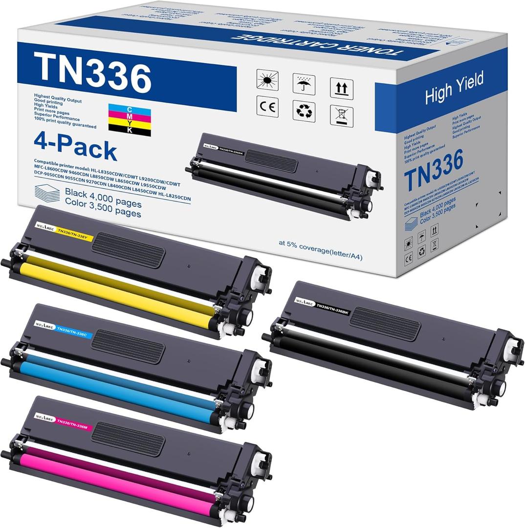 TN336 Toner Cartridge High Yield Compatible Replacement for Brother TN-336 TN331 for Use with Brother HL-L8350CDW HL-4150CDN MFC-L8850CDW Printer (1BK,1C,1M,1Y, 4 Pack)