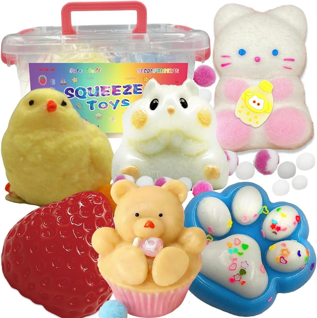 Mega Taba Squishy Pack 6 Giant Slow Rise Squishies with Storage Box Ultra Soft ASMR Stress Relief Autism Sensory Toys Hamster Strawberry Cookie Cat Paw Milk Bottle Cat Chick Kawaii Fidget Toys