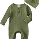 Newborn Baby Boy Romper Ribbed Knit Jumpsuit Long Sleeve Button Onesie Hat Coming Home Outfit Fall Winter Clothes