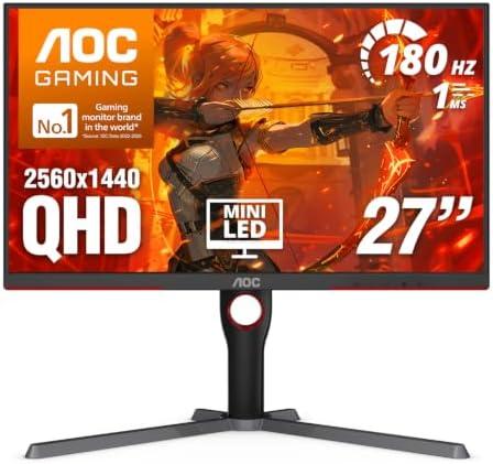 AOC 27 Inch Gaming Monitor QHD 180Hz Mini-LED HDR1000, Q27G3XMN | 3440×1440 Computer Monitor, 0.3ms, HDR400, USB 3.2, DP 1.4, HDMI 2.1, Height Adjustable Stand, Audio Out, VESA Mount