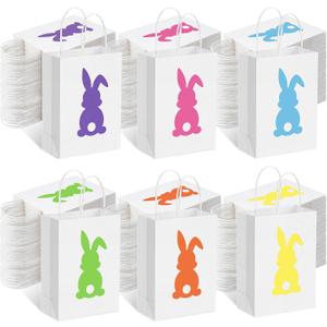 Fulmoon 120 Pieces Easter Gift Bags Bulk Assorted Kraft Paper Gift Bags with Handle Bunny Printed Holiday Goodie Wrapping for Easter Presents Eggs Hunting Party Favor Supplies Decor (White)