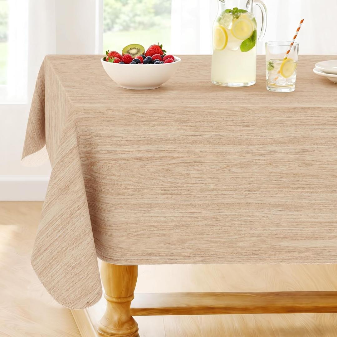 Smiry Rectangle Table Cloth, Waterproof Vinyl Tablecloths with Flannel Backing, Wipeable Spillproof Plastic Wood Grain Table Cover for Dining, Indoor and Outdoor (Beige, 52" x 70")