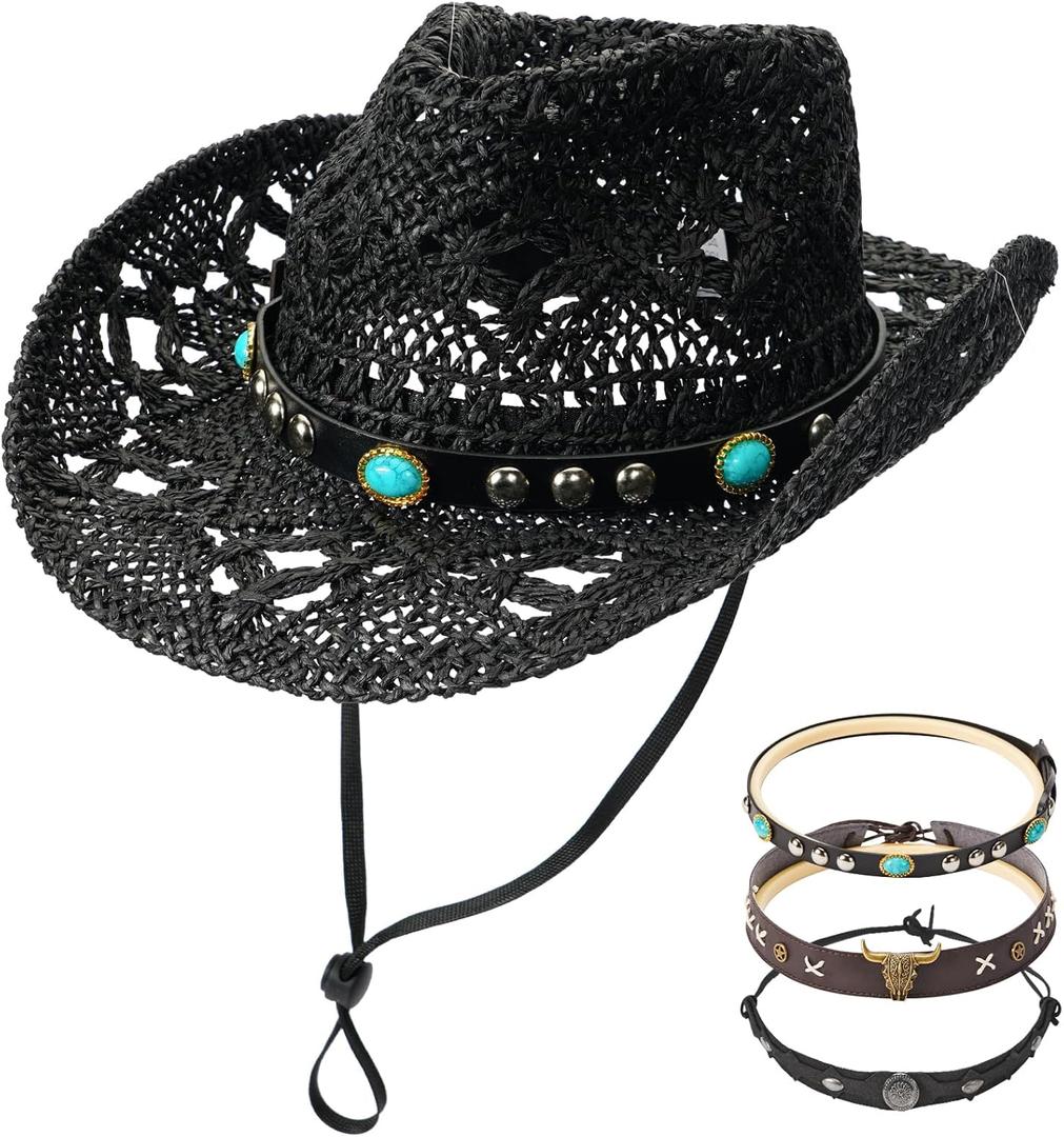 Urradia Black Straw Cowboy Hat Womens Cowboy Hats Western Cowgirl Hats for Men with Decorative Bands & Plastic Hat Shaper Insert Wide Brim Vintage Men Woven Sun Hat for Travel Beach Festival Party