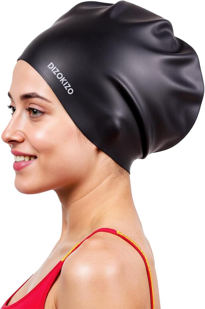 Extra Large Silicone Swim Cap for Long Hair, High Elasticity Durable Waterproof Swimming Cap for Women and Men Adults with Dreadlocks, Weaves, Extensions, Braids & Curls, Keep Hair Dry (Black)