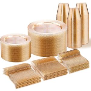 WELLIFE 450 PCS Gold Glitter Disposable Dinnerware Set for 75 Guests, Plastic Plates for Party, Including 75 Dinner & Salad Plates, Cups, Forks Knives Spoons for Wedding and Party Supplies