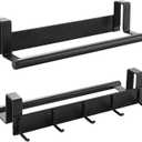 Over The Cabinet Door Towel Bar with Hooks, Kitchen Towel Holder with Hooks for Hanging Utensils, Bathroom Over The Cabinet Door Organizer with Hook 2 Pack, Matte Black