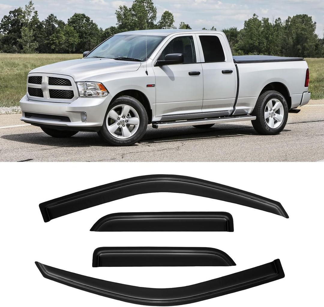 Rain Guards for 2009-2018 Dodge Ram 1500 Quad Cab/Extended Cab, Window Visor Shields Vent Deflector Shade Wind Dark Smoke for 19-24 Ram 1500 Classic Quad Cab, 4PCS, Out-Channel