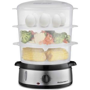 Elite Gourmet Maxi-Matic Electric Food Vegetable Steamer with BPA-Free 3 Tier Stackable, Nested Basket Trays, Auto Shut-off 60-min Timer, 800W, 9 Quart, Stainless Steel