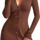 Wenrine Womens Deep V Neck Sweater Dress Sexy Knit Button Down Long Sleeve A Line Fall Mini Dresses (Medium, Coffee)