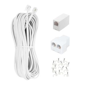 Long Telephone Extension Cord 100 FT, White, Phone Cable Wire with Standard RJ11 Plug, 1 Phone Line Splitter, 1 in-line Coupler and 65 Cable Clips for Telephone Calling Communication