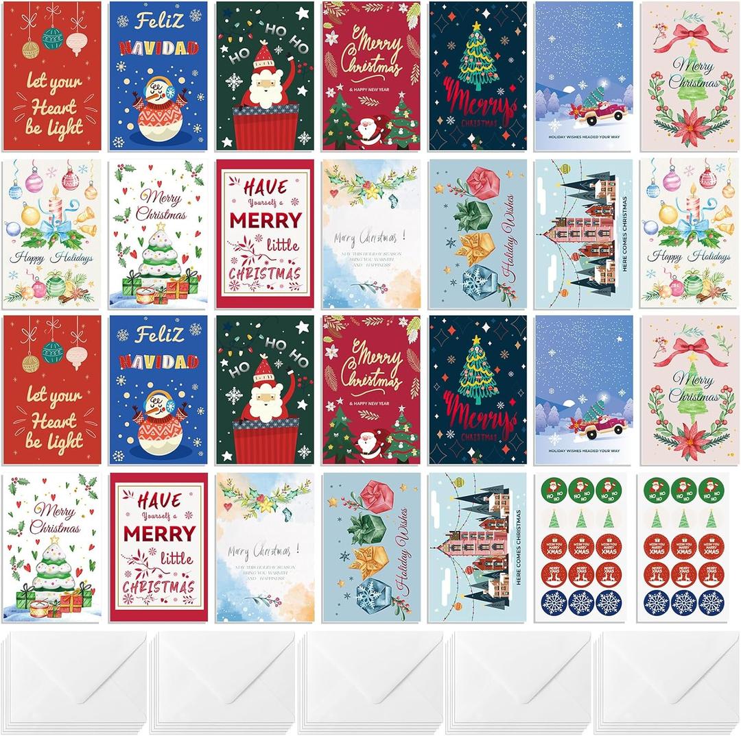 26 Pack Christmas Cards with Envelopes and Stickers, Christmas Greeting Cards Bulk Colorful Unique Designs with Printed Message Inside, Happy Holidays Cards for Friends, Family, Kids