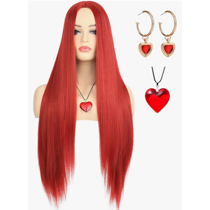 morvaly Womens Long Red Wig with Necklace and Earrings for Queen Costume Middle Part Deep Red Straight Hair Wigs for Adults Halloween Costume Cosplay