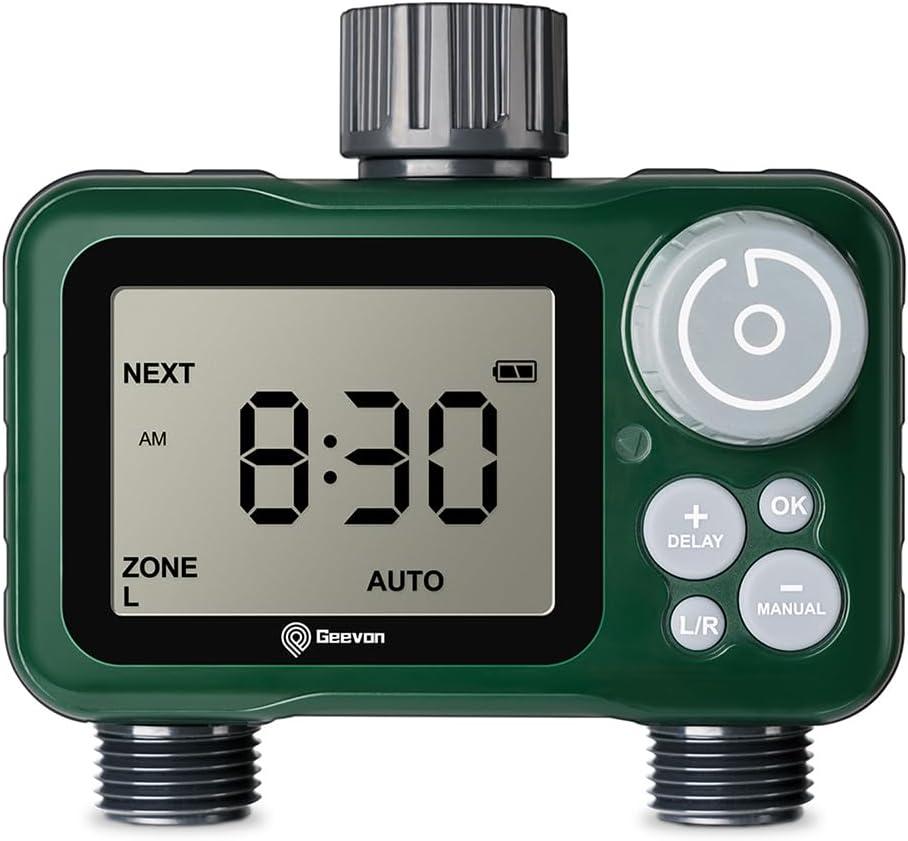 Geevon Sprinkler Timer With Brass Inlet Metal Thread - Programmable Water Timer With Rain Delay for Garden, RV Water Tank Filling, Lawn Sprinkler and Nozzle Sprayer - 2 Zones